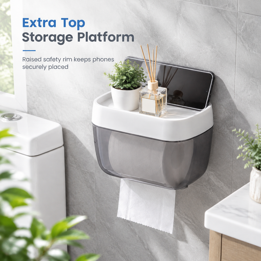 Punch Free Wall Mounted Bathroom Toilet Paper Holder and Tissue Dispenser with Storage Shelf