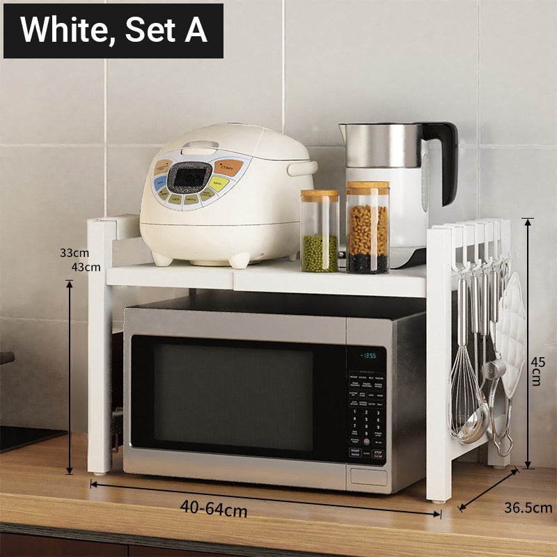 🍳✨ Expandable Microwave Rack – Adjustable, 75kg Capacity, Hooks Included 🧰