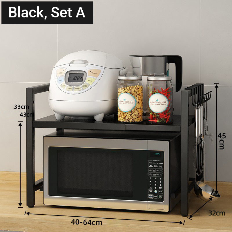🍳✨ Expandable Microwave Rack – Adjustable, 75kg Capacity, Hooks Included 🧰