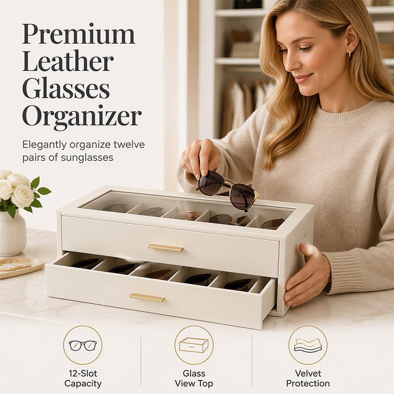 2-Tier Sunglasses Organizer Box with Transparent Glass Top Display
