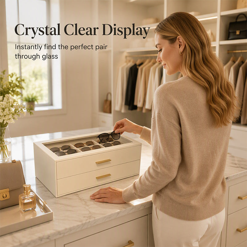 2-Tier Sunglasses Organizer Box with Transparent Glass Top Display