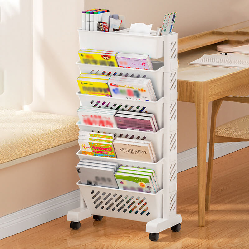 Movable Bookshelf on Wheels: 5/6 Tiers, 45° Angled Shelves, Lockable Casters, Space-Saving Design📚