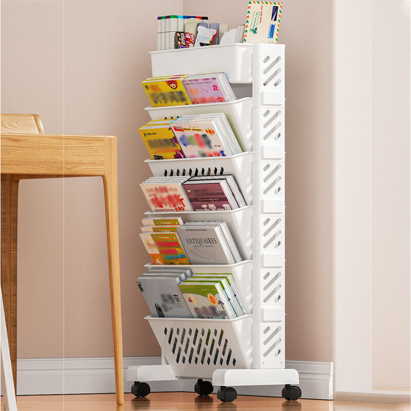 Movable Bookshelf on Wheels: 5/6 Tiers, 45° Angled Shelves, Lockable Casters, Space-Saving Design📚