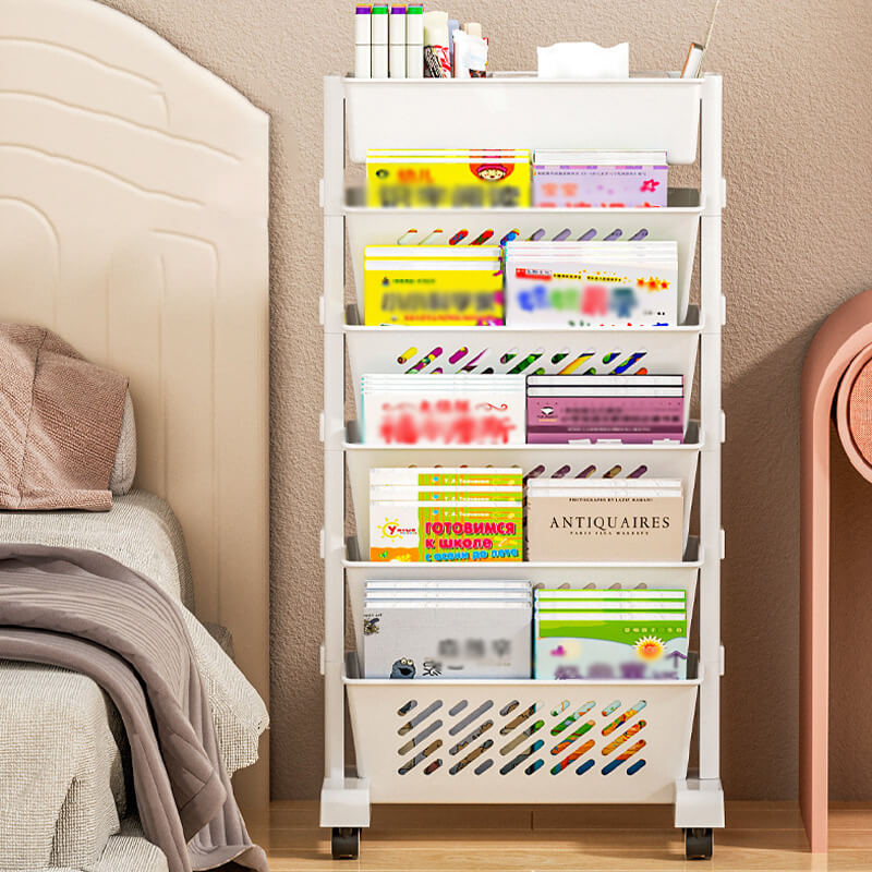 Movable Bookshelf on Wheels: 5/6 Tiers, 45° Angled Shelves, Lockable Casters, Space-Saving Design📚