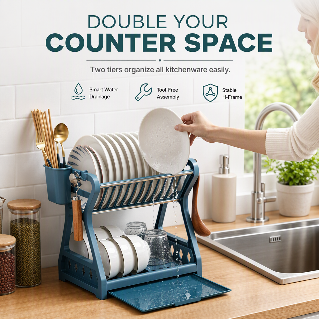 🍽️ 🥣 2‑Tier Compact Dish Drying Rack – Double Counter Space, Pull‑Out Drip Tray, 12+ Plate Slots 🧽