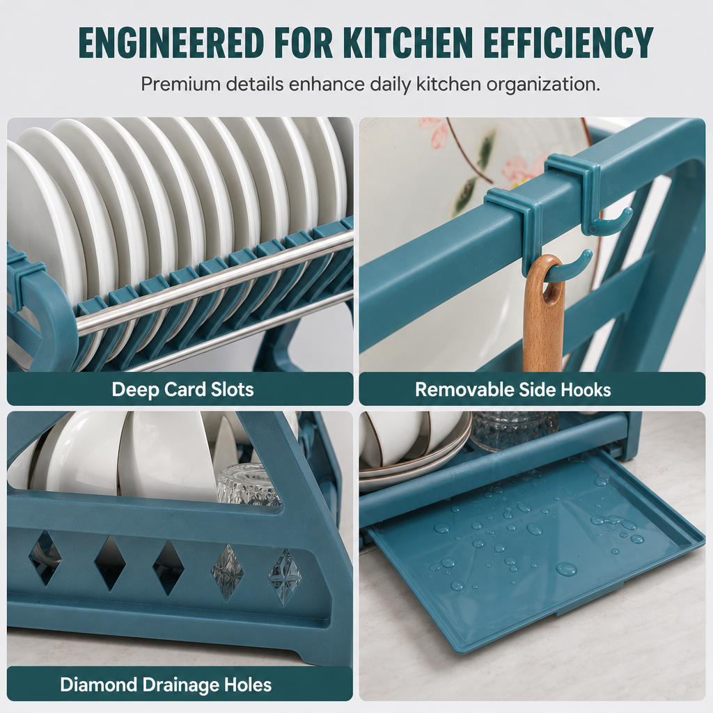🍽️ 🥣 2‑Tier Compact Dish Drying Rack – Double Counter Space, Pull‑Out Drip Tray, 12+ Plate Slots 🧽