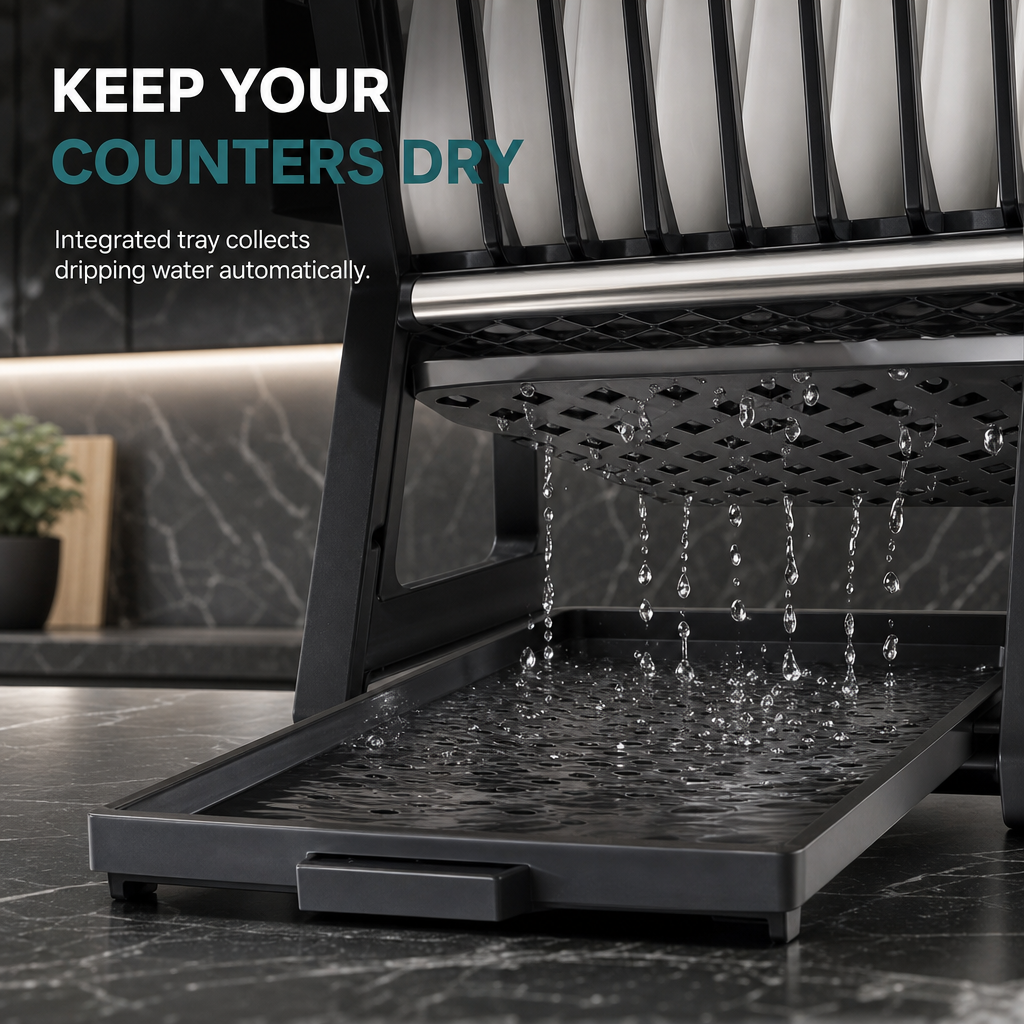 🍽️ 🥣 2‑Tier Compact Dish Drying Rack – Double Counter Space, Pull‑Out Drip Tray, 12+ Plate Slots 🧽