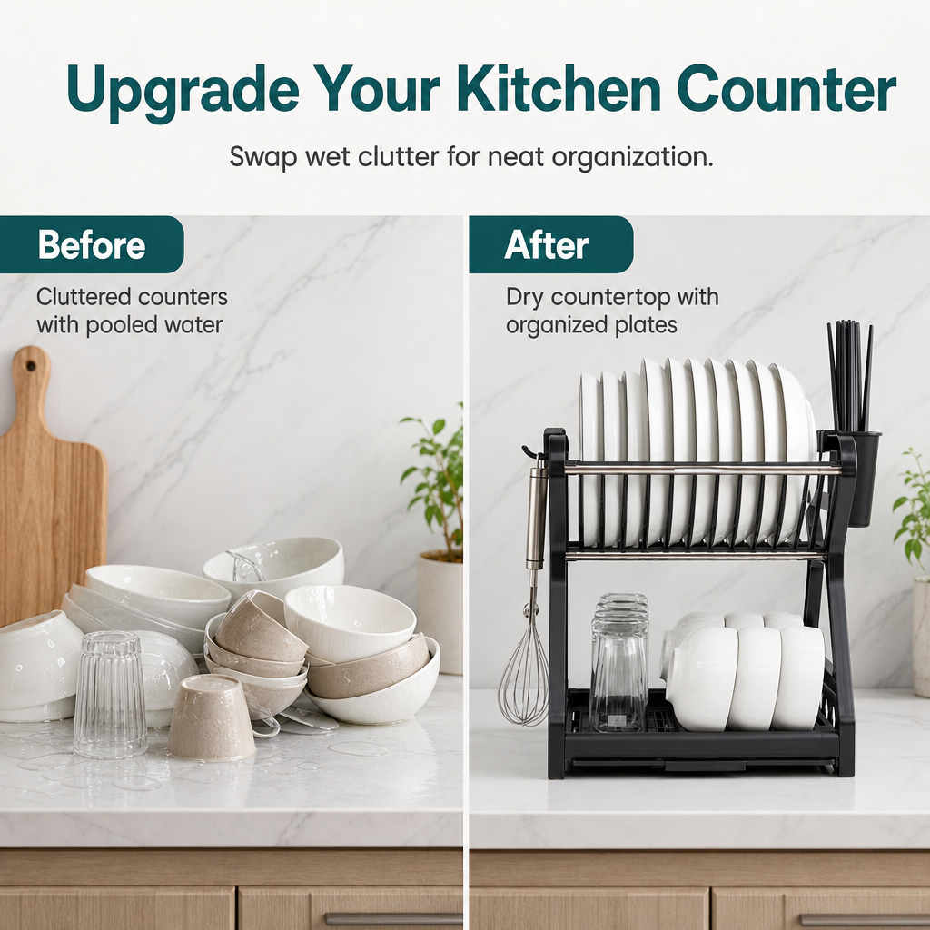 🍽️ 🥣 2‑Tier Compact Dish Drying Rack – Double Counter Space, Pull‑Out Drip Tray, 12+ Plate Slots 🧽