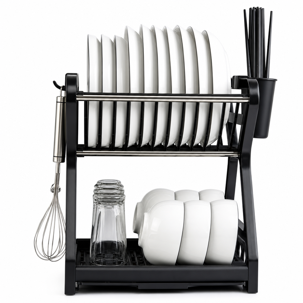 🍽️ 🥣 2‑Tier Compact Dish Drying Rack – Double Counter Space, Pull‑Out Drip Tray, 12+ Plate Slots 🧽