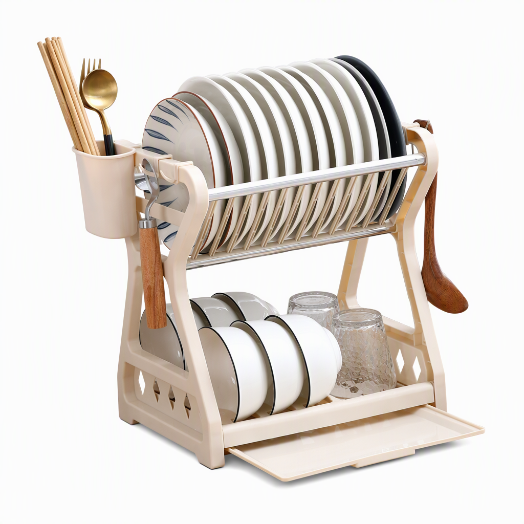 🍽️ 🥣 2‑Tier Compact Dish Drying Rack – Double Counter Space, Pull‑Out Drip Tray, 12+ Plate Slots 🧽
