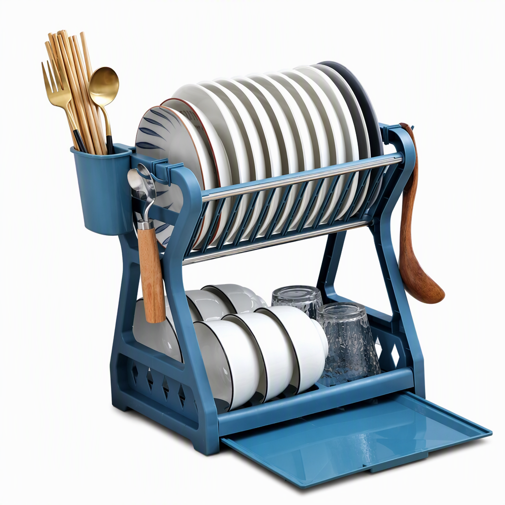 🍽️ 🥣 2‑Tier Compact Dish Drying Rack – Double Counter Space, Pull‑Out Drip Tray, 12+ Plate Slots 🧽