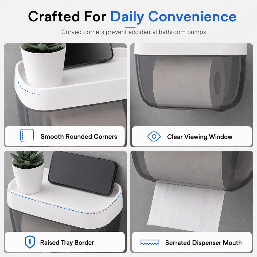 Punch Free Wall Mounted Bathroom Toilet Paper Holder and Tissue Dispenser with Storage Shelf
