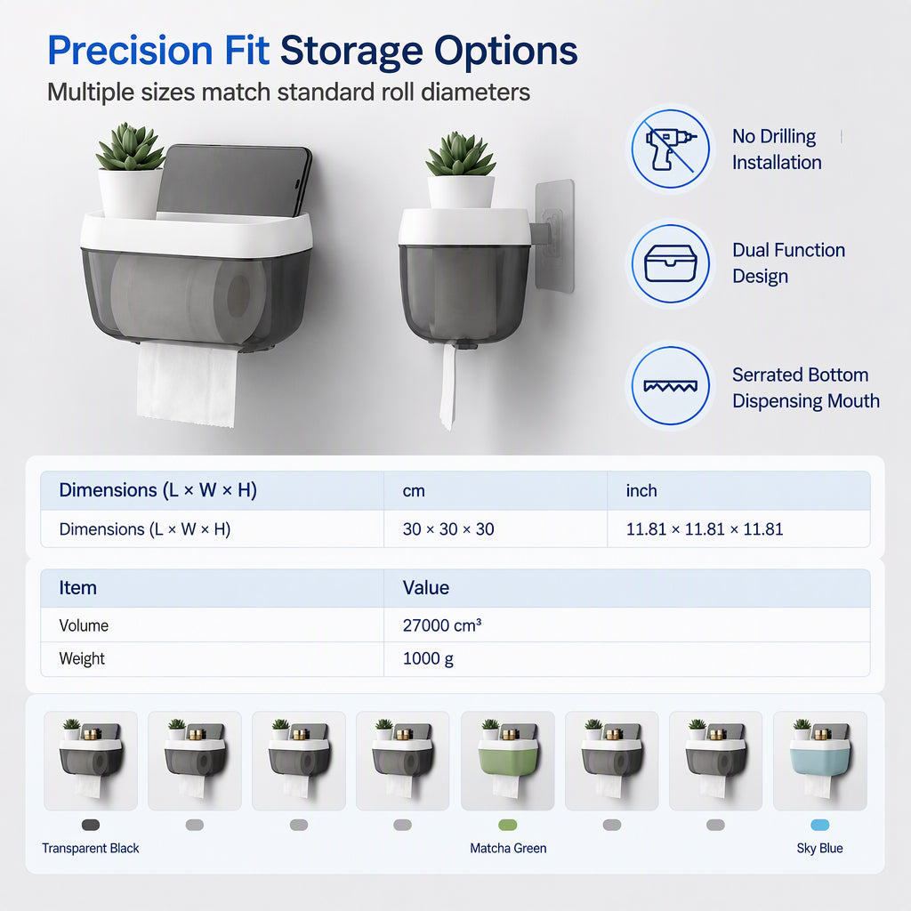 Punch Free Wall Mounted Bathroom Toilet Paper Holder and Tissue Dispenser with Storage Shelf