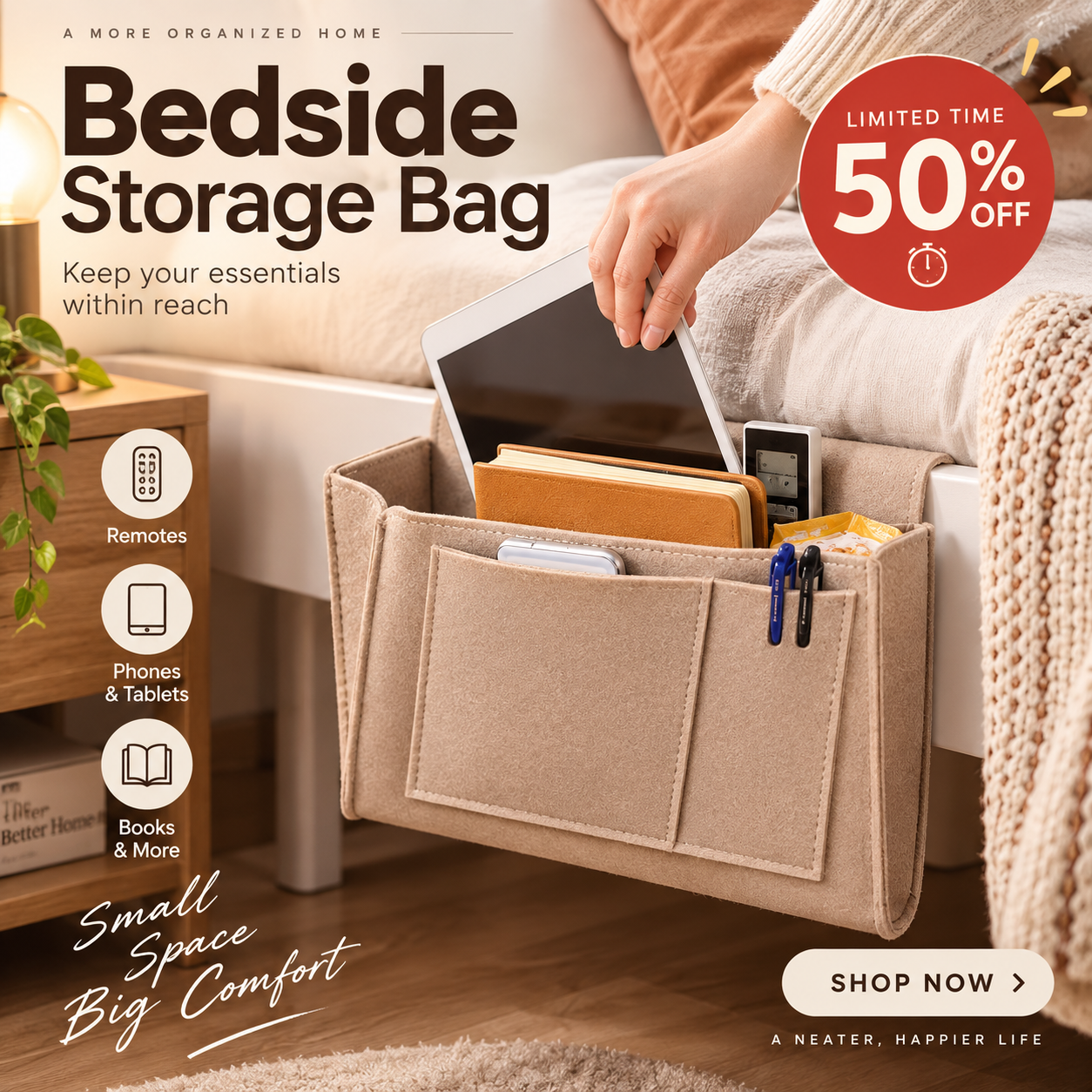 🛏️Bedside Hanging Storage Bag‑Multi‑Pocket Bed Caddy Organizer, Felt Hanging Pouch for Dorm Bunk Bed Hold Tablet Book Phone Stationery